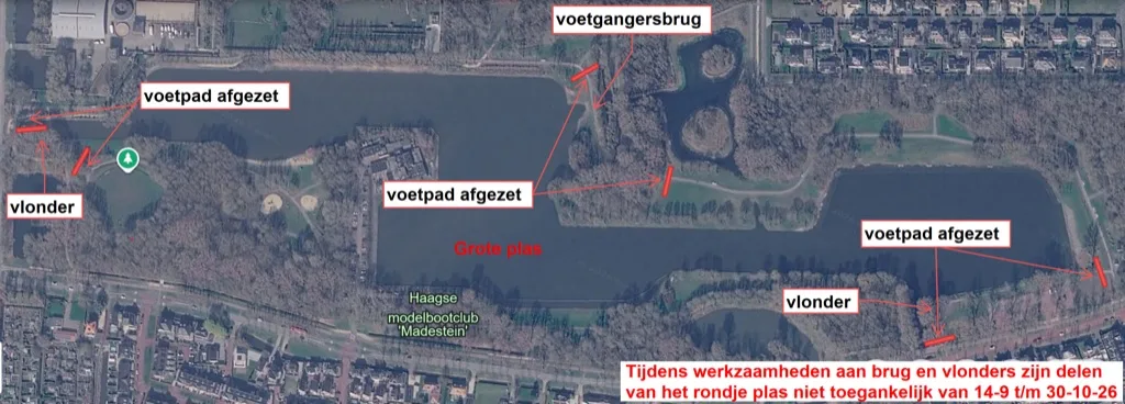 Kaart met in het rood de afgezette delen van het voetpad rond de Grote plas in Landschapspark Madestein